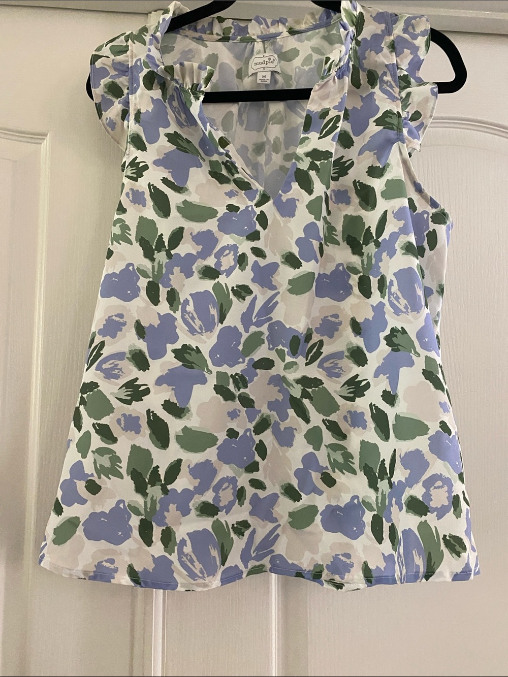 Mud Pie White Lavender and Green Floral Ruffle-Sleeve V-Neck Top